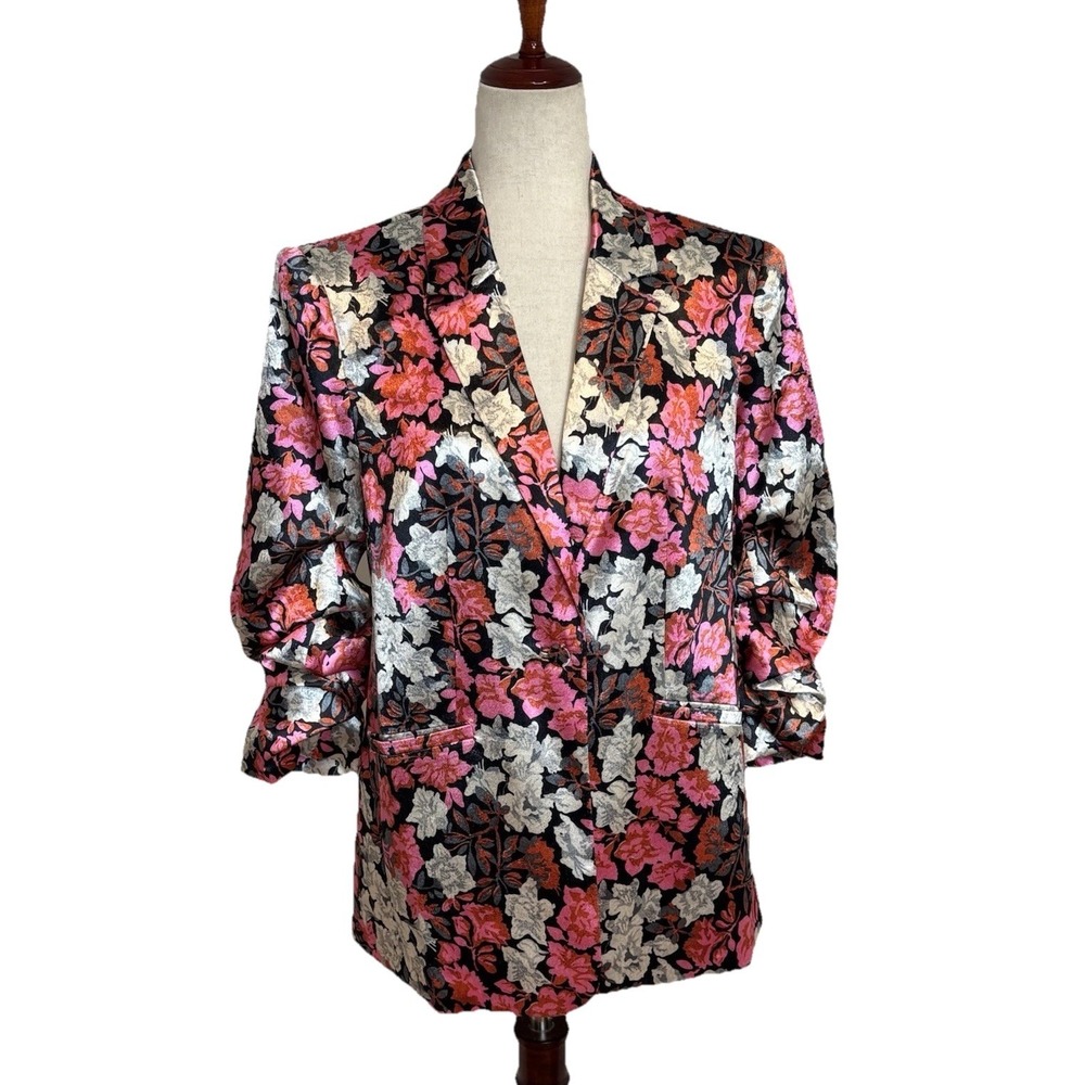 Cinq A Sept Women's Pink Floral Print Satin Blazer Jacket Size 8